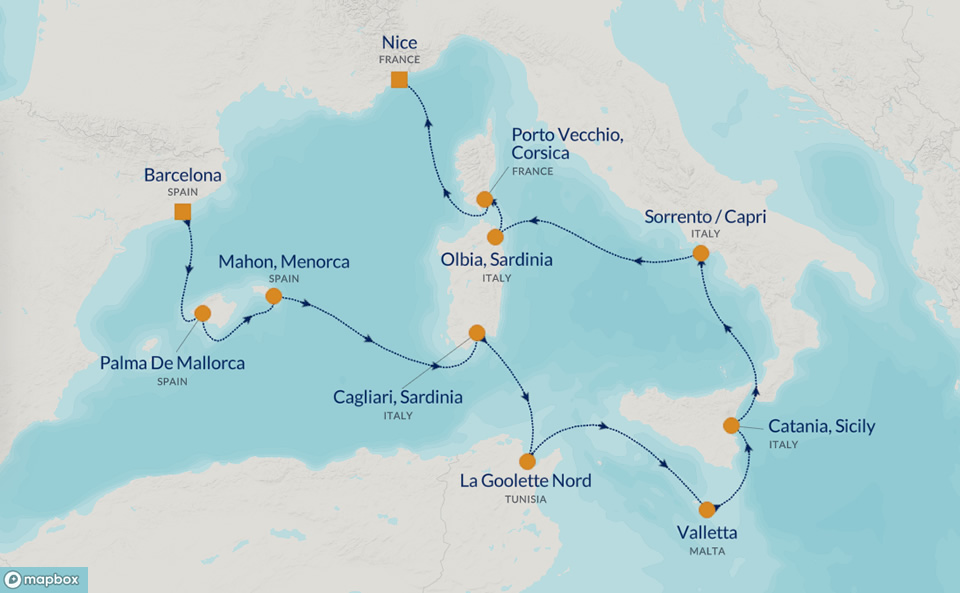 PerryGolf 2025 MEDITERRANEAN ISLANDS GOLF CRUISE Map